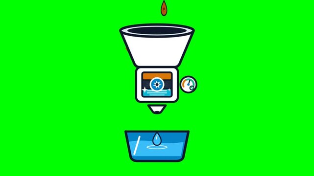 Animated water filtration system cleaning liquid with drops falling into a blue container against a vibrant green screen background