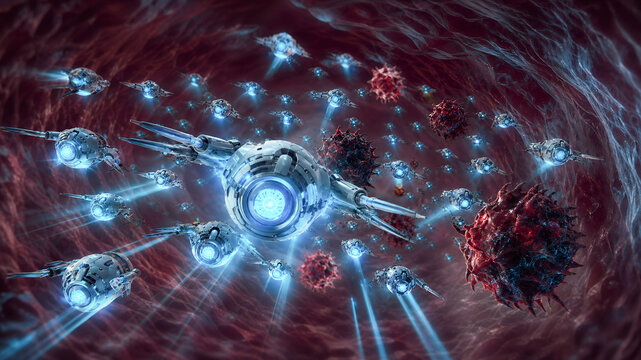 Nanotechnology medical futuristic robot virus microbot science biology 3d render surgery futuristic nanotechnology medical robot virus microbot