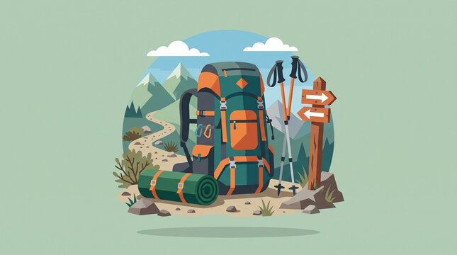 Hiking Backpack and Mountain Trail Icon on Pastel Background &ndash; Outdoor Adventure Equipment for Trekking, Camping and Travel Concepts