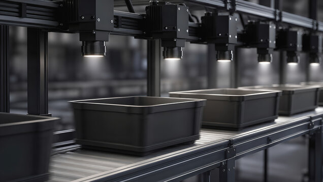 Automated conveyor industrial machine black container production line factory interior automated conveyor carries black containers through modern