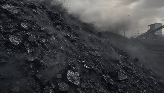Coal heap dust mining energy pollution industry dark rough coal heap with dust cloud in dark industrial landscape under cloudy sky