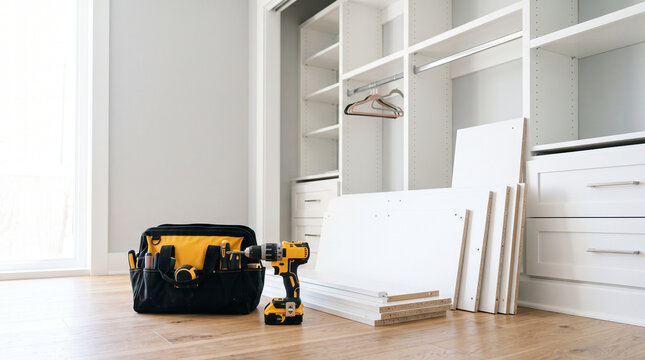 Tools and flat-pack components ready for built-in closet installation in a bright home interior
