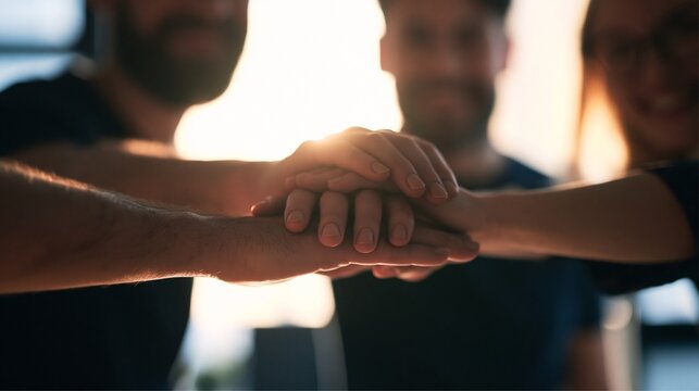Close up of business team stacking hands together in unity and support
