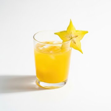 Fresh Yellow Fruit Juice with Starfruit Slice and Ice Cubes in Glass