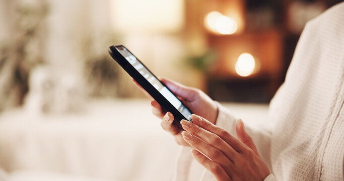 Spa, woman and hands with phone for beauty app, online booking or massage reservation in salon. Female person, customer or checking option list with mobile smartphone for pamper choice or selection