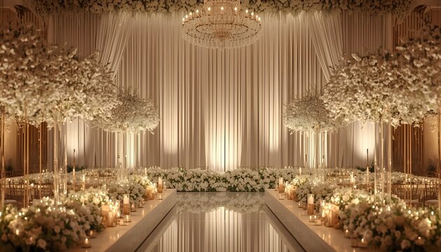 Elegant Walima Reception Aisle with White Floral Arrangements and Reflection