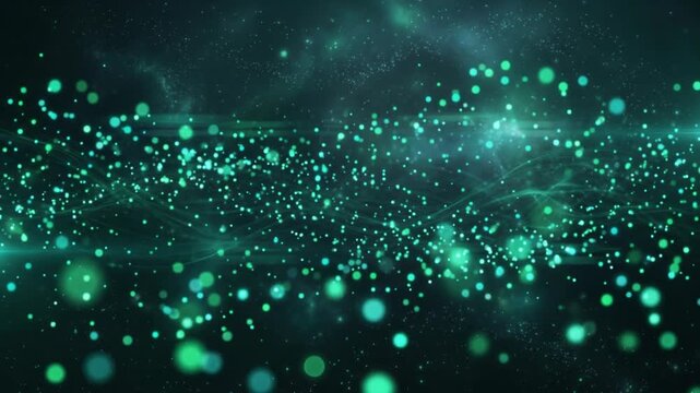 Emerald green and teal twinkling bokeh lights shift through layered parallax with gentle lens flare, creating a mysterious futuristic technology-inspired abstract background loop.