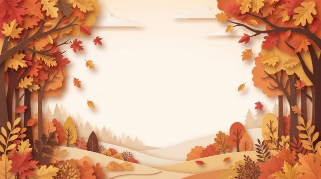 Cozy Autumn Forest Landscape with Falling Leaves and Large Copy Space