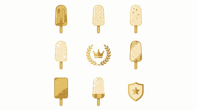 An opulent flat vector icon set illustrating 24k gold foil flecked pops, saffron vanilla bars, edible pearl dusted sticks, and crystal sugar bars for luxury gold leaf popsicles and high-end gourmet de