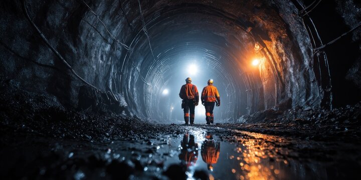 Miners walking in underground tunnel with water reflection and bright lights ahead