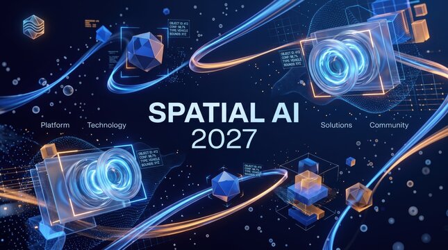 Spatial AI 2027 futuristic technology concept. Holographic camera lenses and data streams. Advanced artificial intelligence platform for digital solutions.