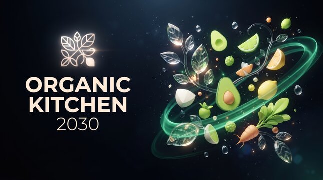 Organic Kitchen 2030 futuristic food concept, floating fresh vegetables and glass leaves, high-tech healthy eating illustration