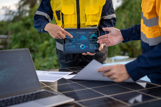 Solar energy technicians in safety uniforms review digital data on a tablet beside rooftop solar panels, with a laptop and paperwork during an outdoor inspection.