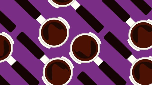 Dynamic animated coffee cup pattern with bold purple background, diagonal geometric elements, and dark roasted coffee