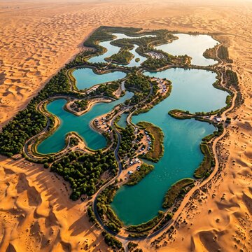 Aerial view of Al Qudra Lakes desert oasis in Dubai