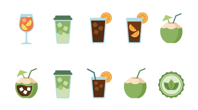 A refreshing flat vector icon set illustrating citrus spritz glasses, iced matcha, cold brew with orange, and coconut water for minimalist summer menu templates, beverage social posts, and cafe graphi