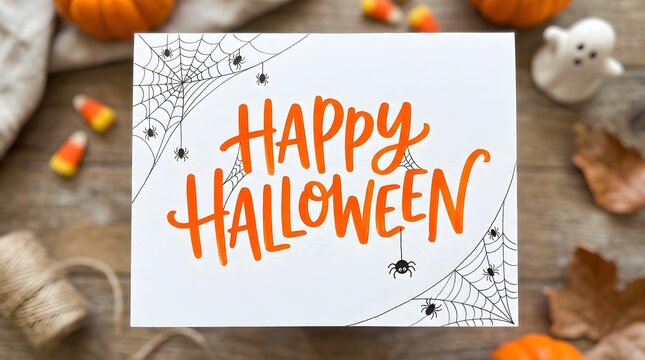 Child girl holding Halloween sign in festive setting with decorations