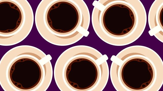 Seamless animated coffee cup pattern with warm brown tones and a rich purple background