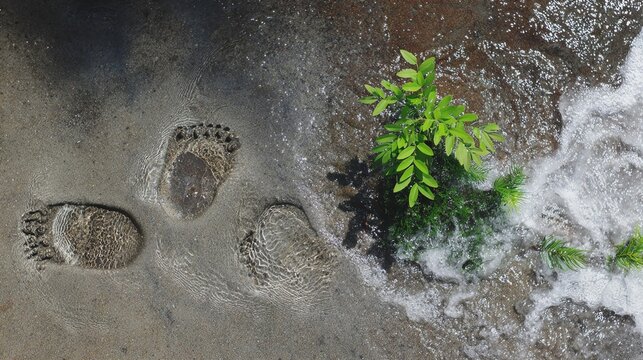 Footprints by a stream with a plant nearby.