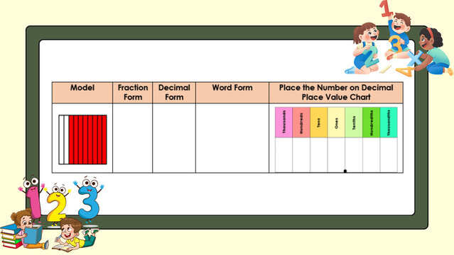 Educational math worksheet for decimals and fractions, colorful place value chart on classroom whiteboard, elementary school mathematics lesson