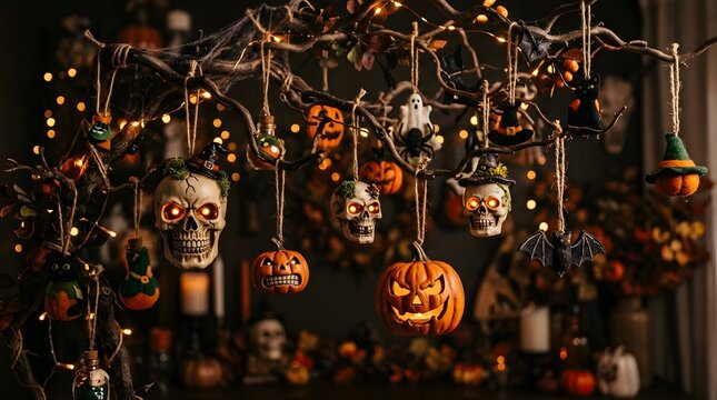 Halloween decorations with carved pumpkins and string lights in dark setting with copy space