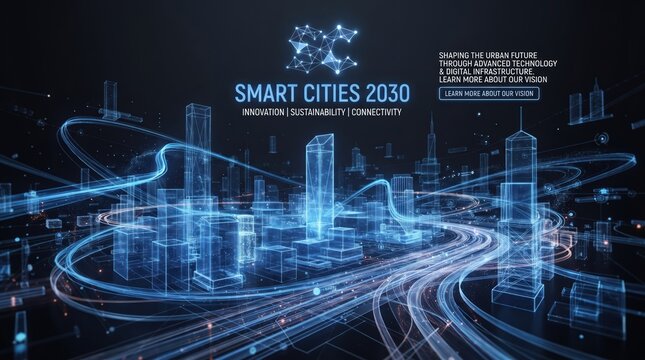 Smart Cities 2030 digital infrastructure concept, futuristic urban technology network with glowing blue wireframe buildings and light trails