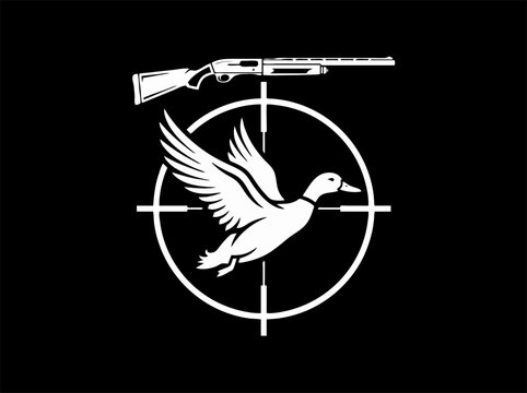 Vintage duck hunting emblem with flying mallard and shotgun, white silhouette hunting club logo on black background, outdoor sport vector