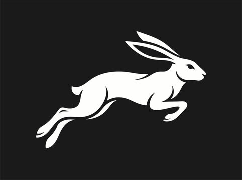 Minimalist running rabbit vector, white hare jumping silhouette on black background, fast leaping bunny animal logo icon