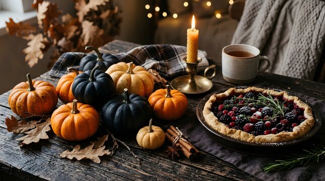 Assorted pumpkins and a freshly baked pie on a rustic wooden table