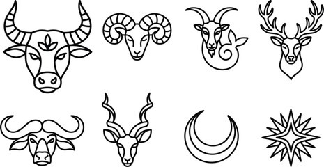 Fototapeta premium Horned animals line art and zodiac signs collection vector illustration minimalist black icons set isolated on white background