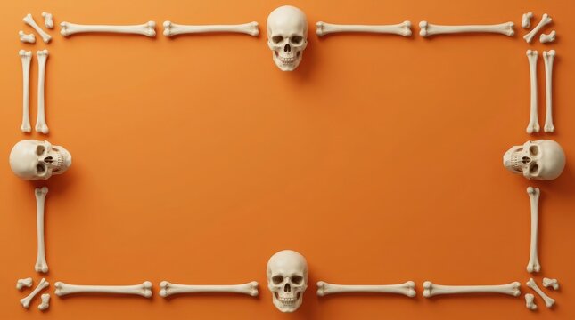 Human skulls and bones arranged as a rectangular frame on orange background