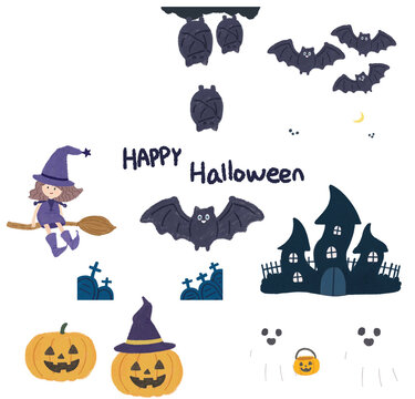 Cute Halloween Greeting Card with Witch, Bats and Haunted House Illustration