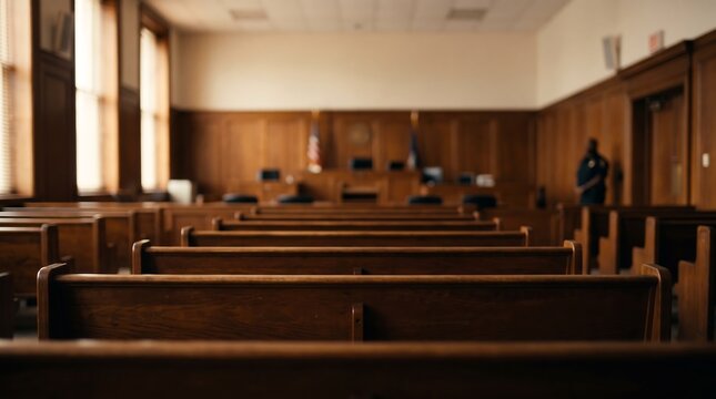 Empty wooden benches inside a traditional courtroom with natural light