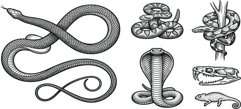 Snakes collection and venomous cobra with reptile elements vector illustration vintage engraving line art set isolated on white background
