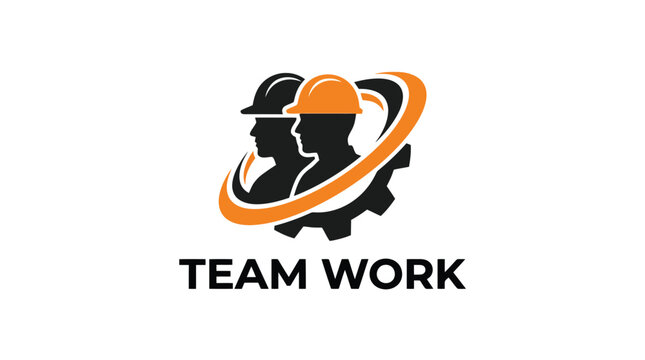 Teamwork concept logo with two construction workers and gear symbol.
