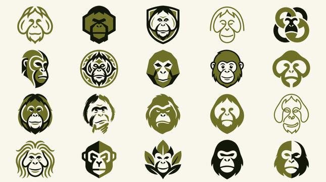 Minimalist monkey and ape head vector logo collection