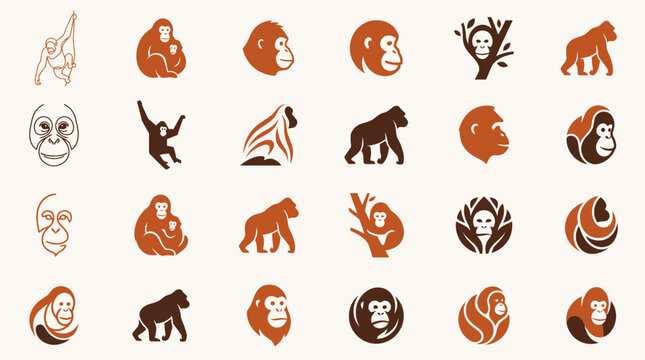 Orangutan and gorilla mascot logo collection in minimalist style