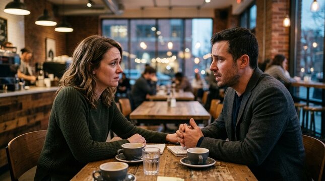 Couple holding hands in coffee shop, deep conversation, intimate moment