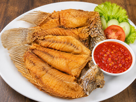 Crispy deep-fried whole gourami fish served with spicy red chili sambal and fresh vegetables on a white plate