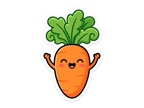 Cute cartoon carrot character with a happy smiling face and arms raised up isolated on white background