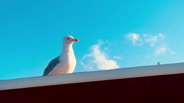 Hungry white seagull sitting on a rooftop edge in Istanbul, waiting for food from tourists against the vibrant blue sky and fluffy clouds, showing authentic wildlife behavior in Turkey resort.