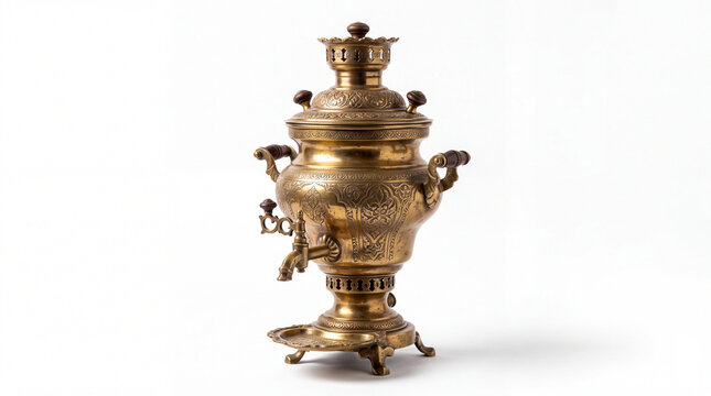 Antique Russian Brass Samovar Isolated on White Background.