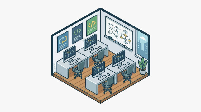 Dynamic Isometric of Modern Tech Office Workspace with Coding and Flowchart Displays on Screens