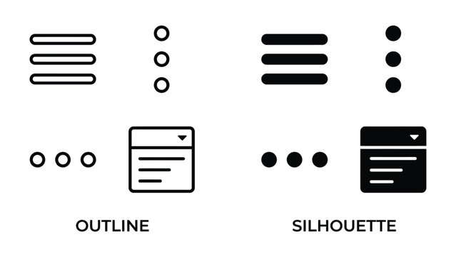 Menu Icons Set: A collection of outline and silhouette icons representing navigation menus, hamburger menus, and dropdown menus, perfect for app and web design.