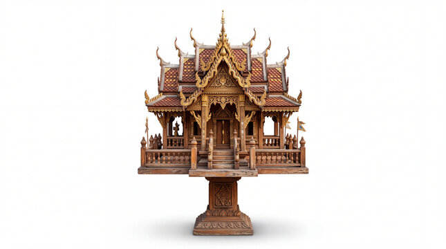 Traditional Intricate Wooden Thai Spirit House Miniature Temple on White Background.