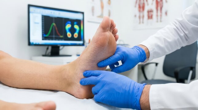 Podiatrist examines a patient foot in a clinical examination room