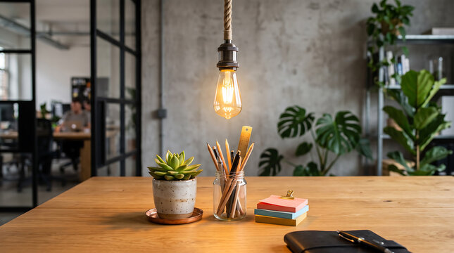Warm vintage lightbulb illuminates wooden office desk featuring stationary set, green succulent, and colorful sticky notes