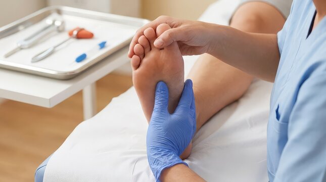 Medical professional performs a physical foot examination in a clinic