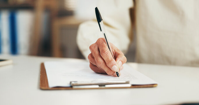 Mature, person and hands writing with clipboard for medical insurance, application or signature. Client, patient or filling form with pen or paper for contract, healthcare agreement or registration