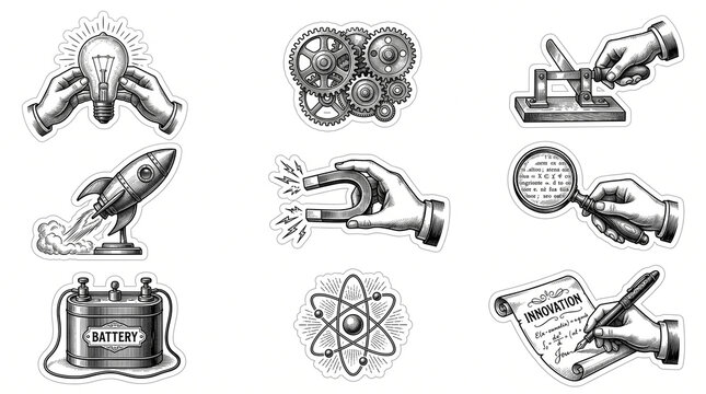 Vintage engraving style icons of science and technology concepts on white background